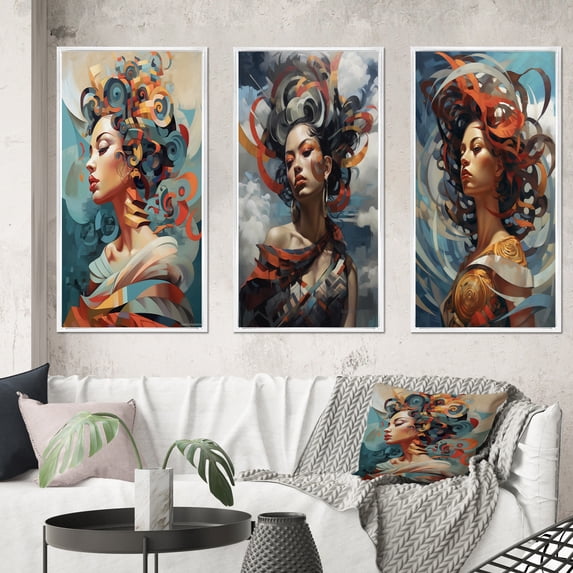 Designart "Roaming Free Women of Wild Spirit II" Fashion Woman Framed Wall Art Set Of 3 - Blue Glam Frame Gallery Set For Office Decor