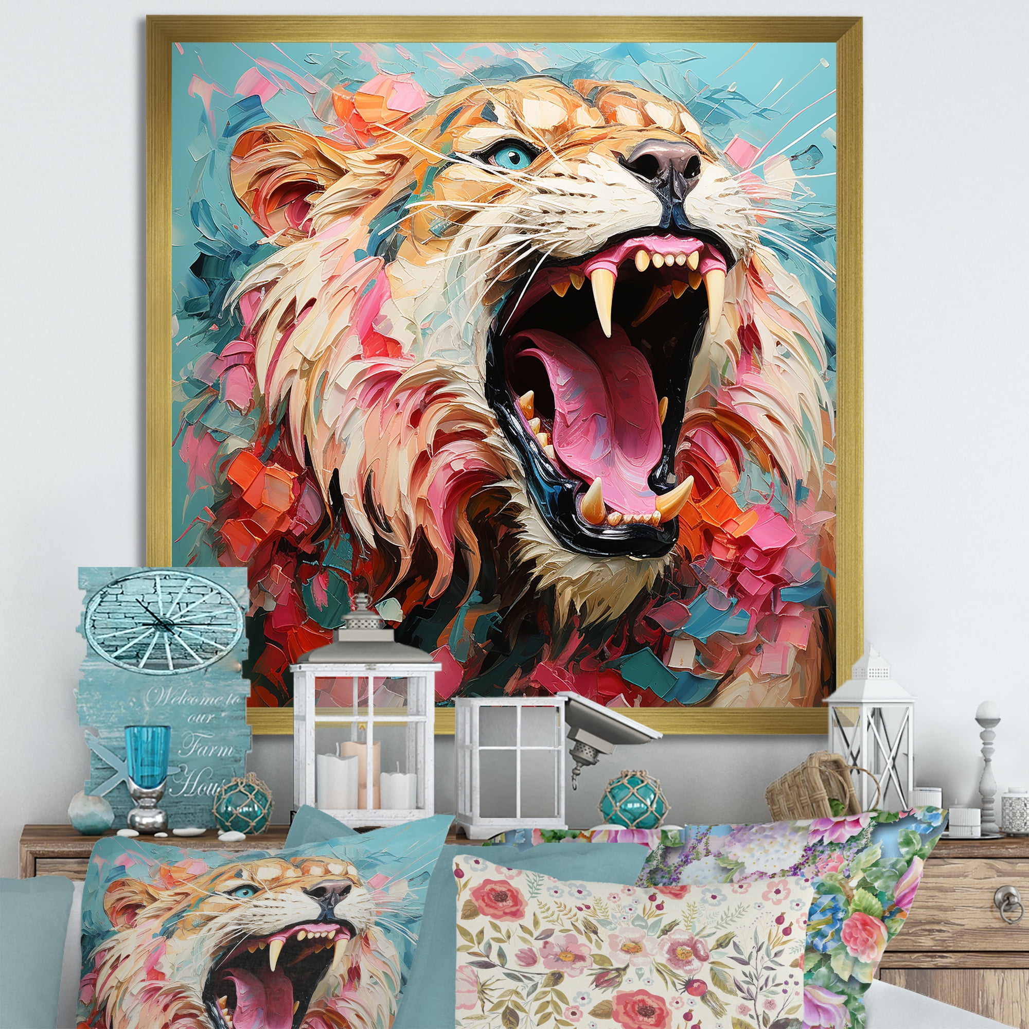 Designart "Roaring Brown and Pink Lion" Animals Framed Wall Art Decor