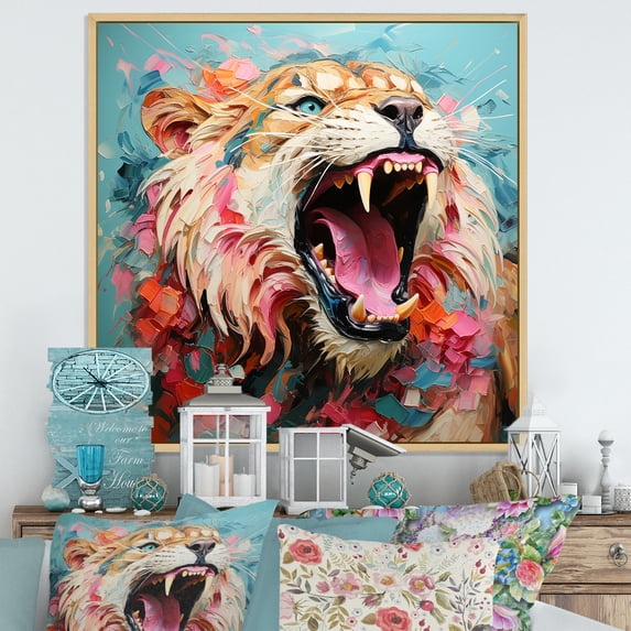 Designart "Roaring Brown and Pink Lion" Animals Framed Wall Art - Traditional Brown Lion Living Room Framed Canvas Art