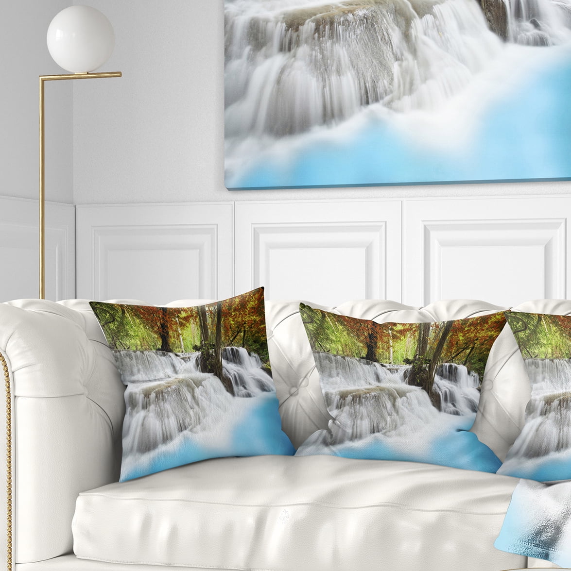 Designart Roaring Erawan Waterfall - Landscape Printed Throw Pillow - 18x18