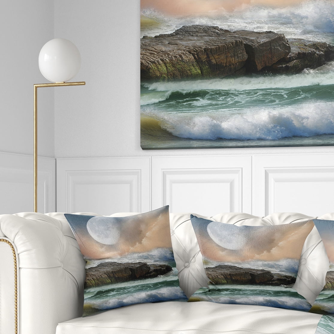 Designart Roaring Ocean Under Large Moon - Seascape Photography Throw Pillow - 16x16