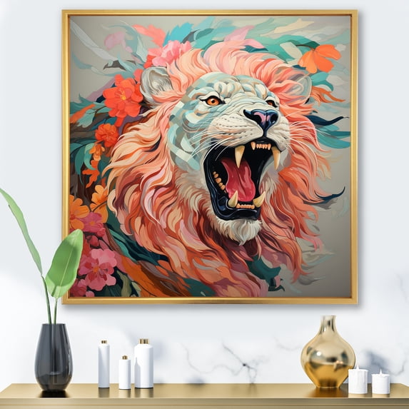 Designart "Roaring Pink and Grey Lion" Animals Framed Wall Art - Traditional Pink Lion Hallway Framed Wall Art Decor
