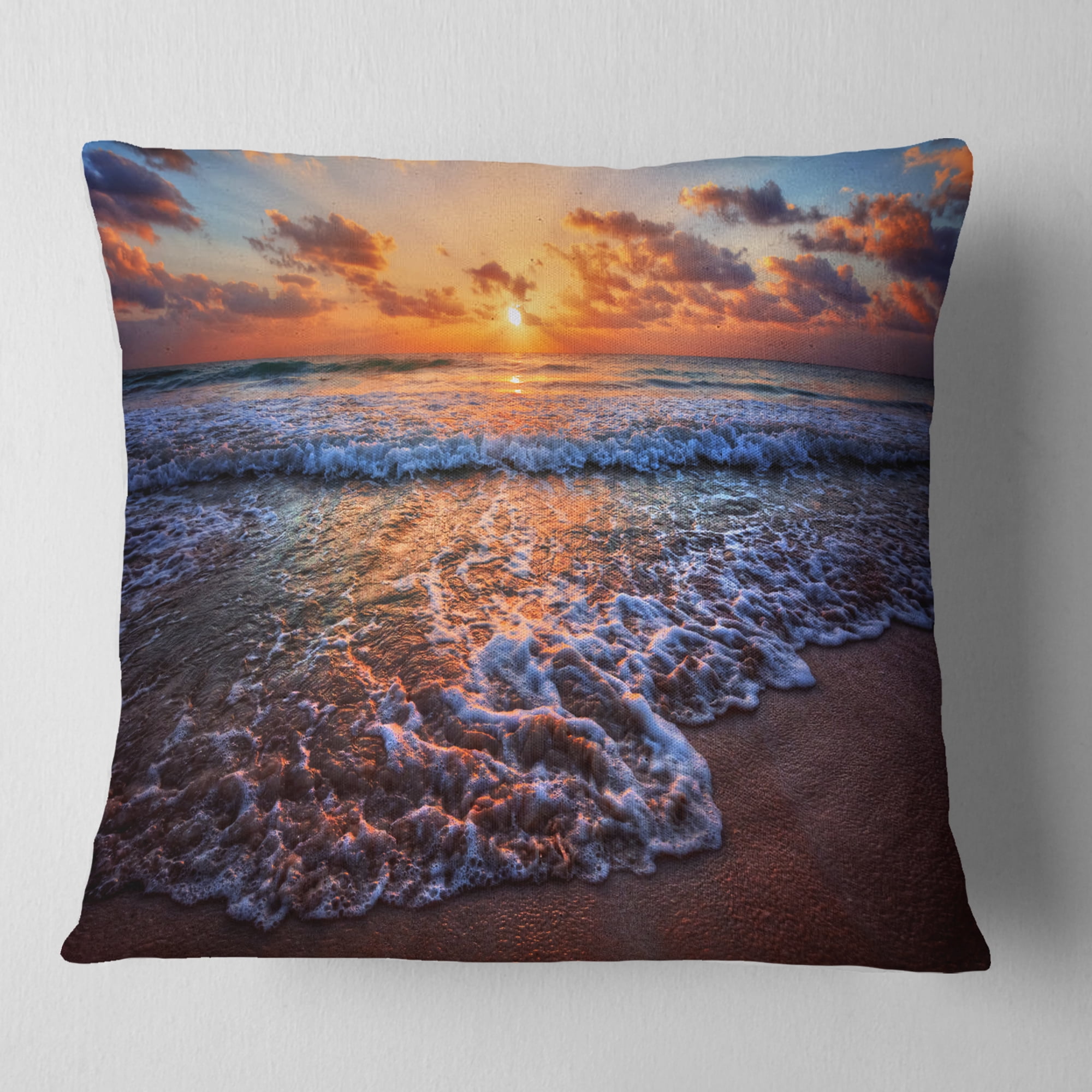 Designart Roaring Sea Wavers during Sunset - Seashore Throw Pillow - 16x16