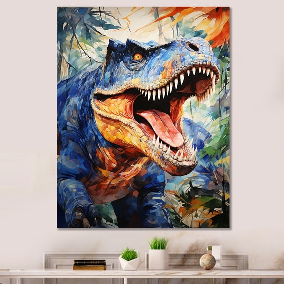 Designart "Roaring T-Rex Dinosaur in Colorful Display II" Animals Canvas Wall Art - Modern Blue Dinosaur Hallway Wall Art Decor