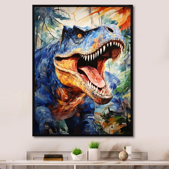 Designart "Roaring T-Rex Dinosaur in Colorful Display II" Animals Framed Wall Art - Modern Blue Dinosaur Entryway Framed Wall Art