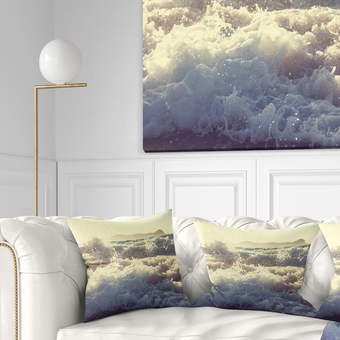 Designart Roaring White Waves on Beach - Seascape Throw Pillow - 18x18