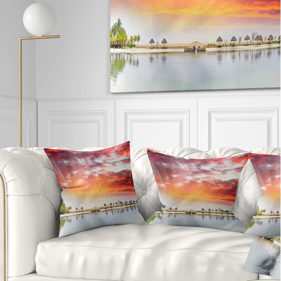 Designart Roatan Beach Sunset Panorama - Seashore Photo Throw Pillow - 18x18