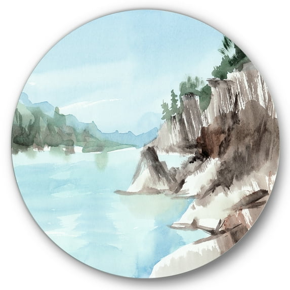 Designart 'Rocks With The Blue Lake' Lake House Circle Metal Wall Art 23x23 - Disc of 23