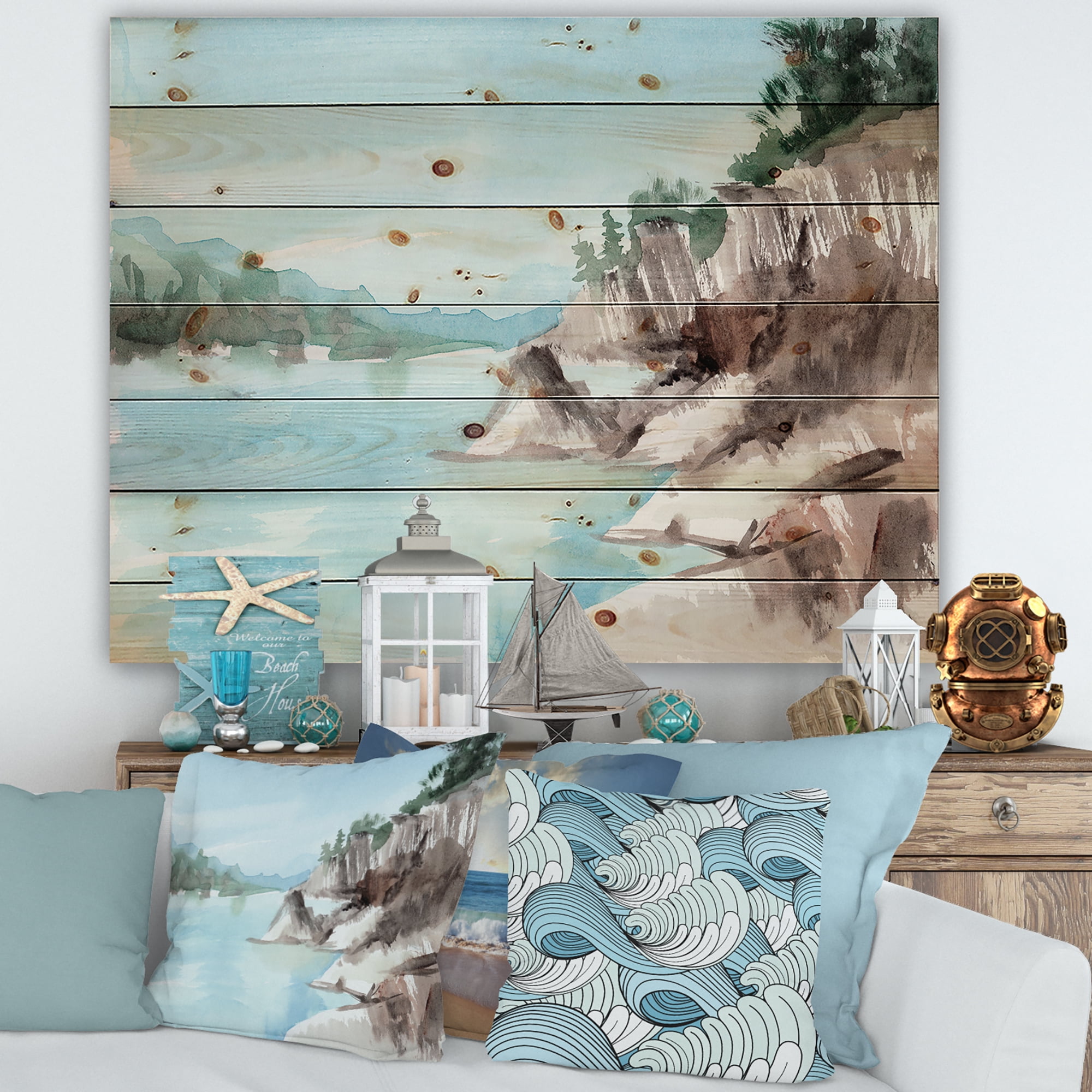 Designart 'Rocks With The Blue Lake' Lake House Print on Natural Pine Wood