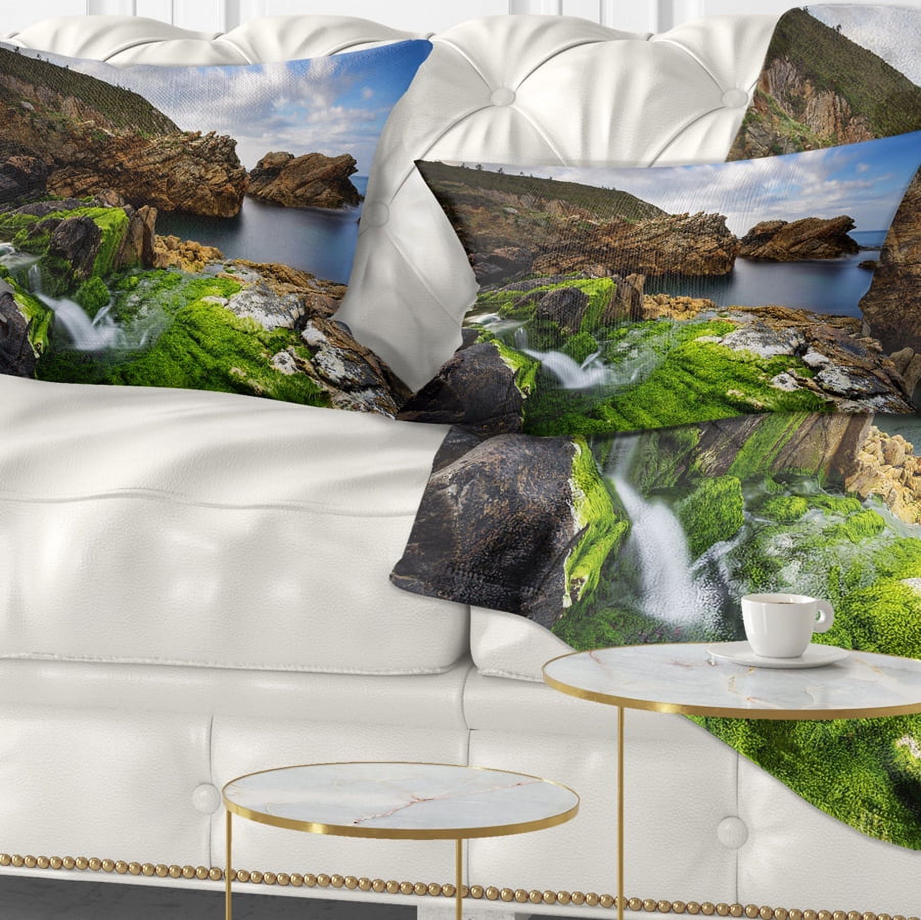 Designart Rocks and Waterfall in Spanish Coast - Seashore Photo Throw Pillow - 12x20
