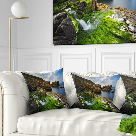 Designart Rocks and Waterfall in Spanish Coast - Seashore Photo Throw Pillow - 16x16