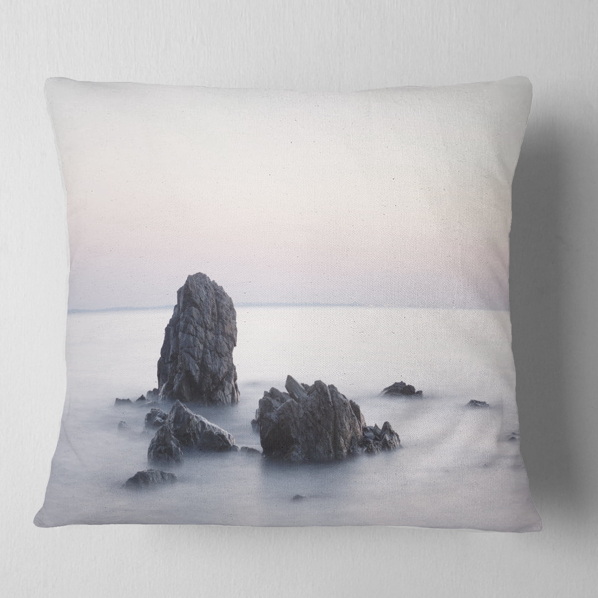 Designart Rocks in the Sea Black and White - Seashore Throw Pillow - 18x18