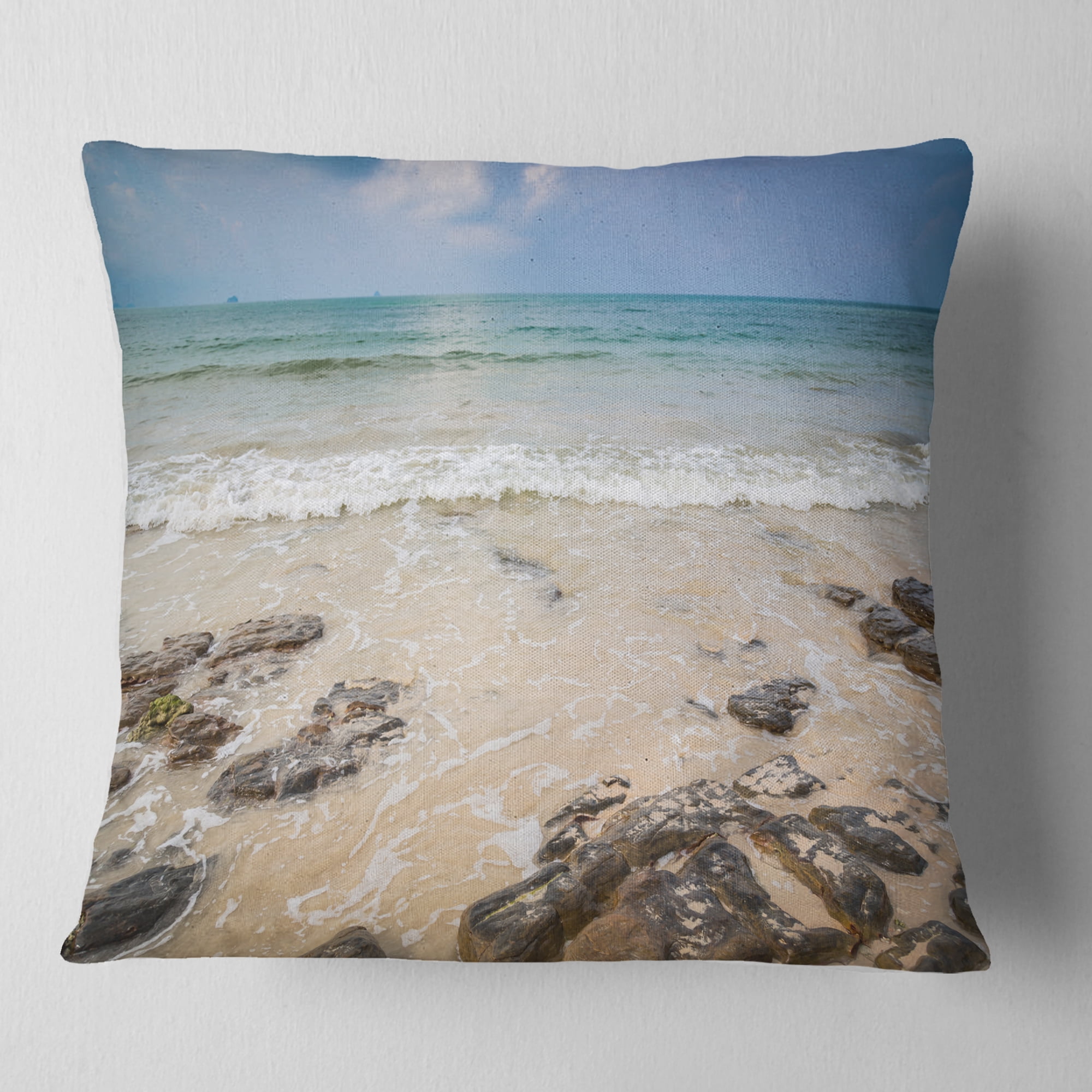 Designart Rocks on Typical Tropical Beach - Beach Photo Throw Pillow - 18x18