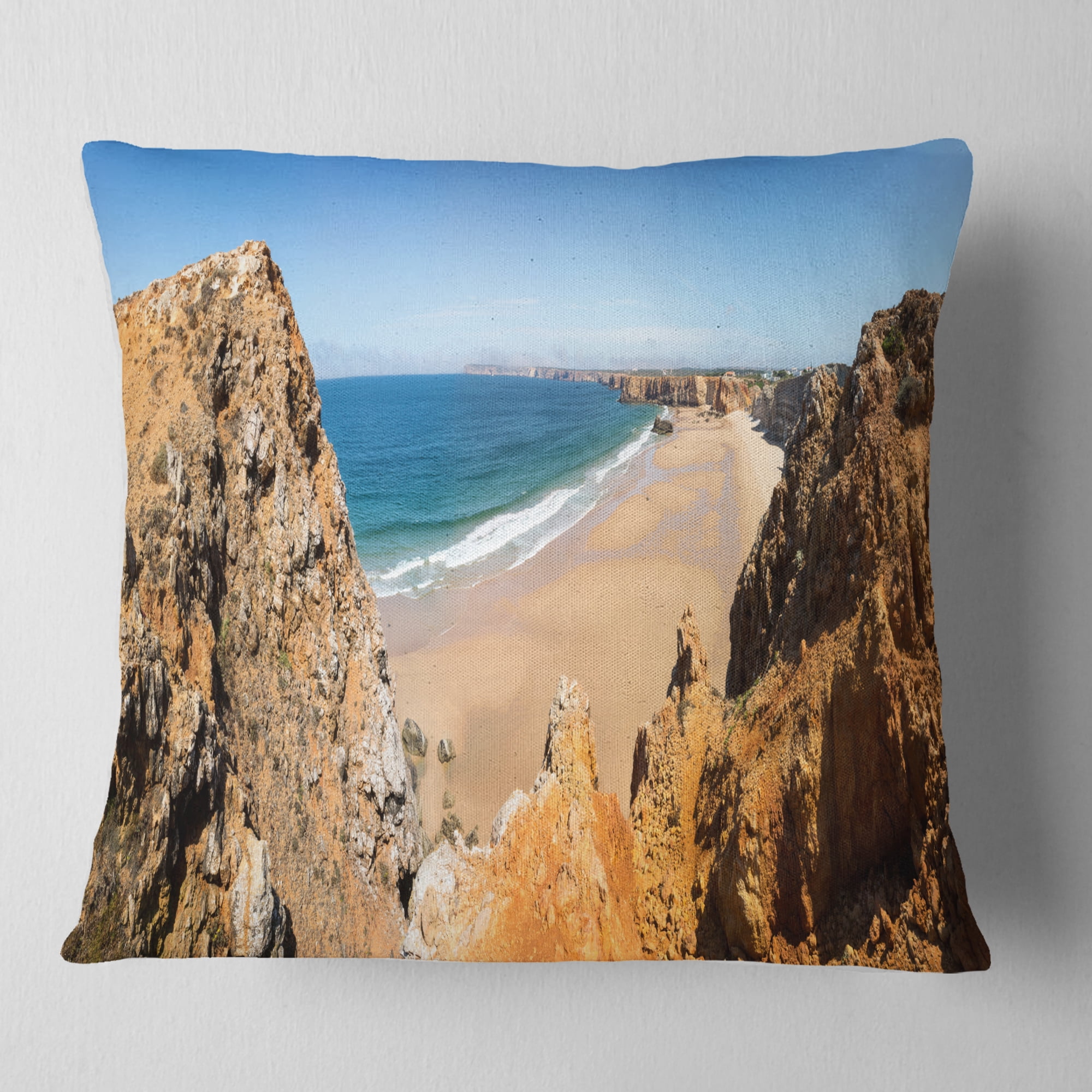 Designart Rocky Bay Portugal Panorama - Landscape Printed Throw Pillow - 16x16