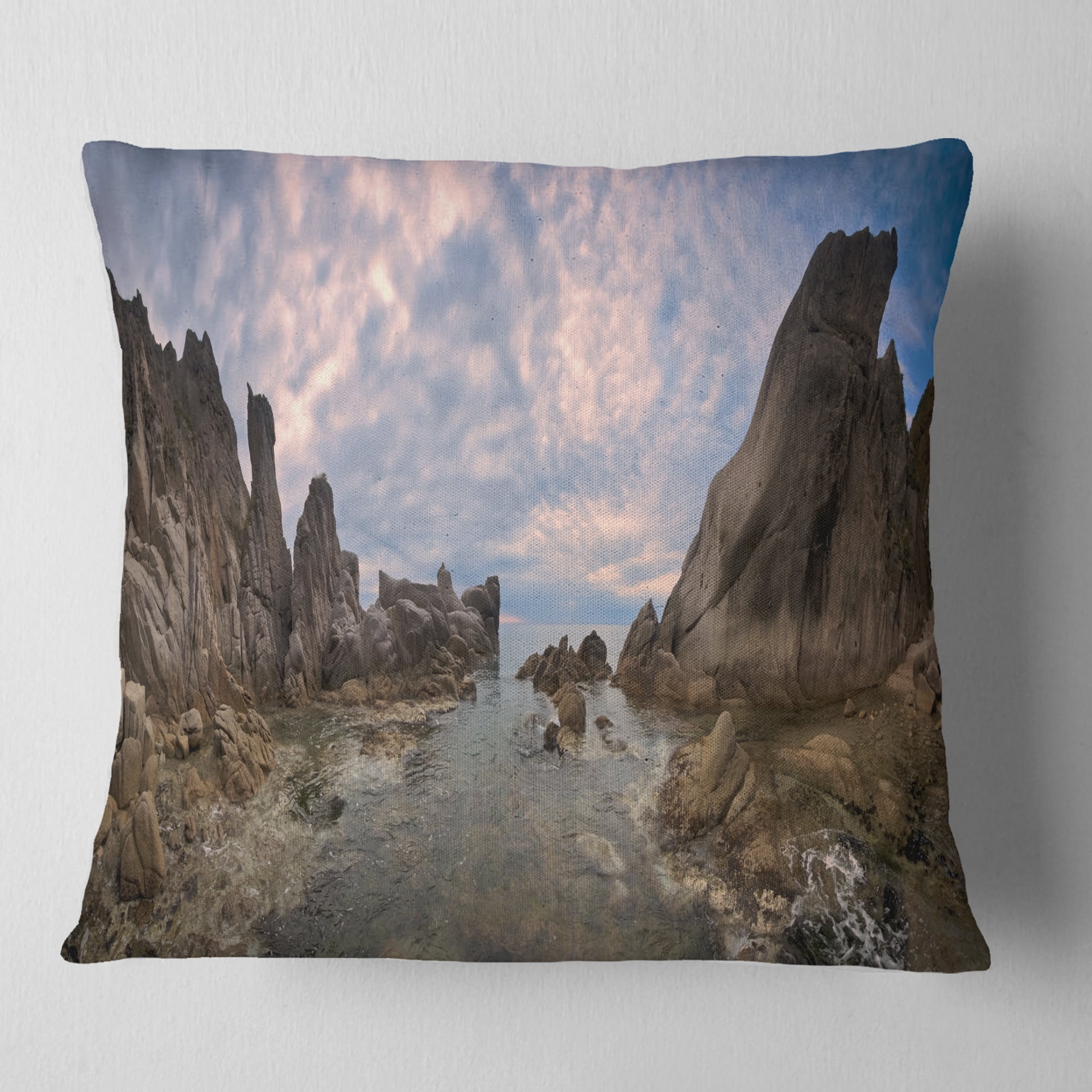 Designart Rocky Beach East Sea on Overcast Day - Landscape Printed Throw Pillow - 16x16