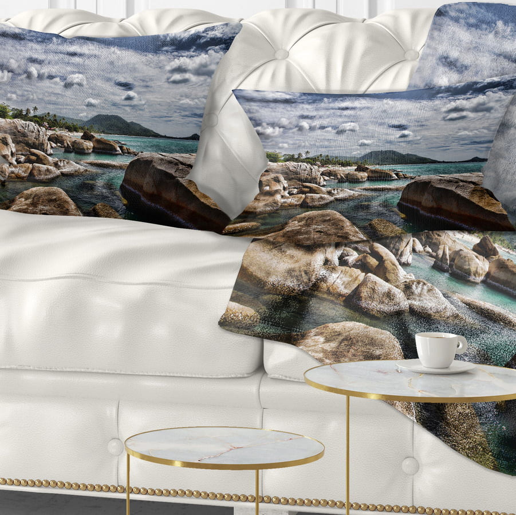 Designart Rocky Beach with Dramatic Sky - Seashore Throw Pillow - 12x20