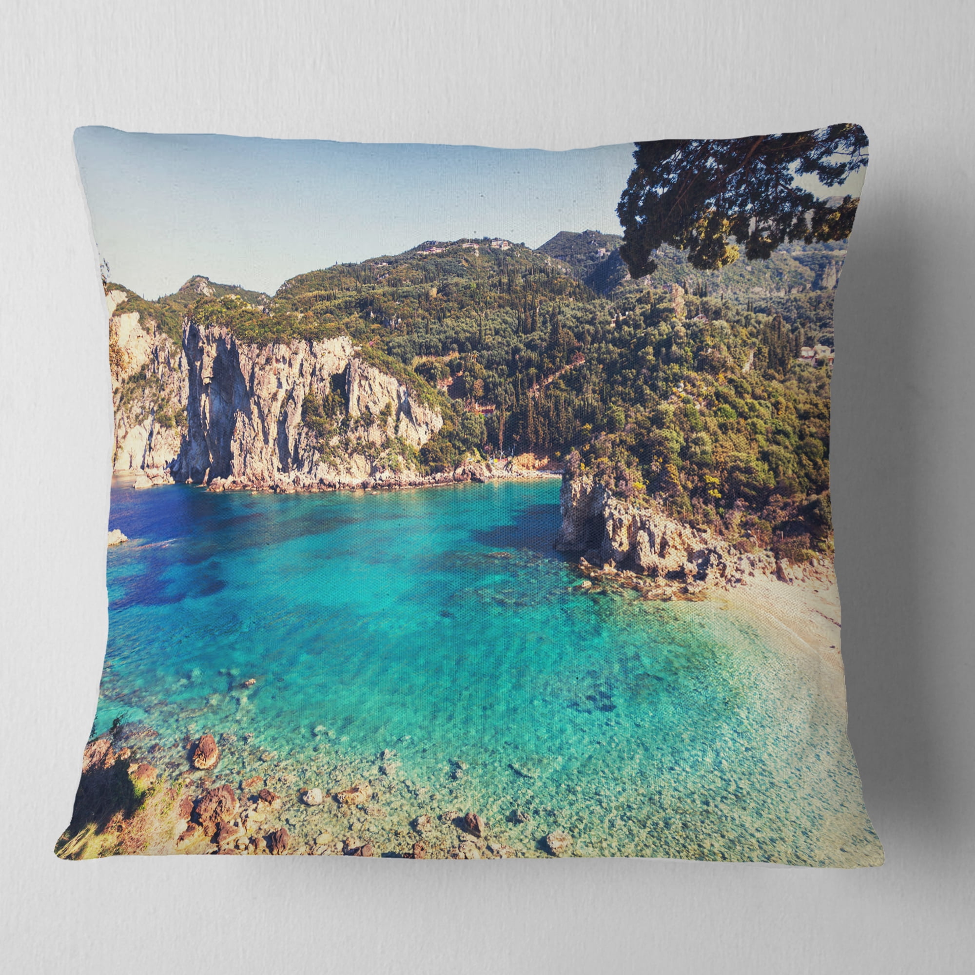 Designart Rocky Beach with Turquoise Water - Beach Photo Throw Pillow - 16x16