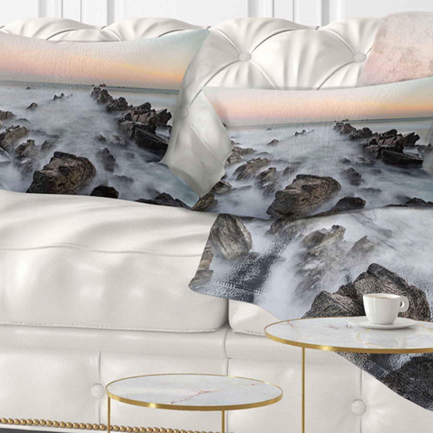 Designart Rocky Beach with White Waters - Modern Seashore Throw Pillow - 12x20