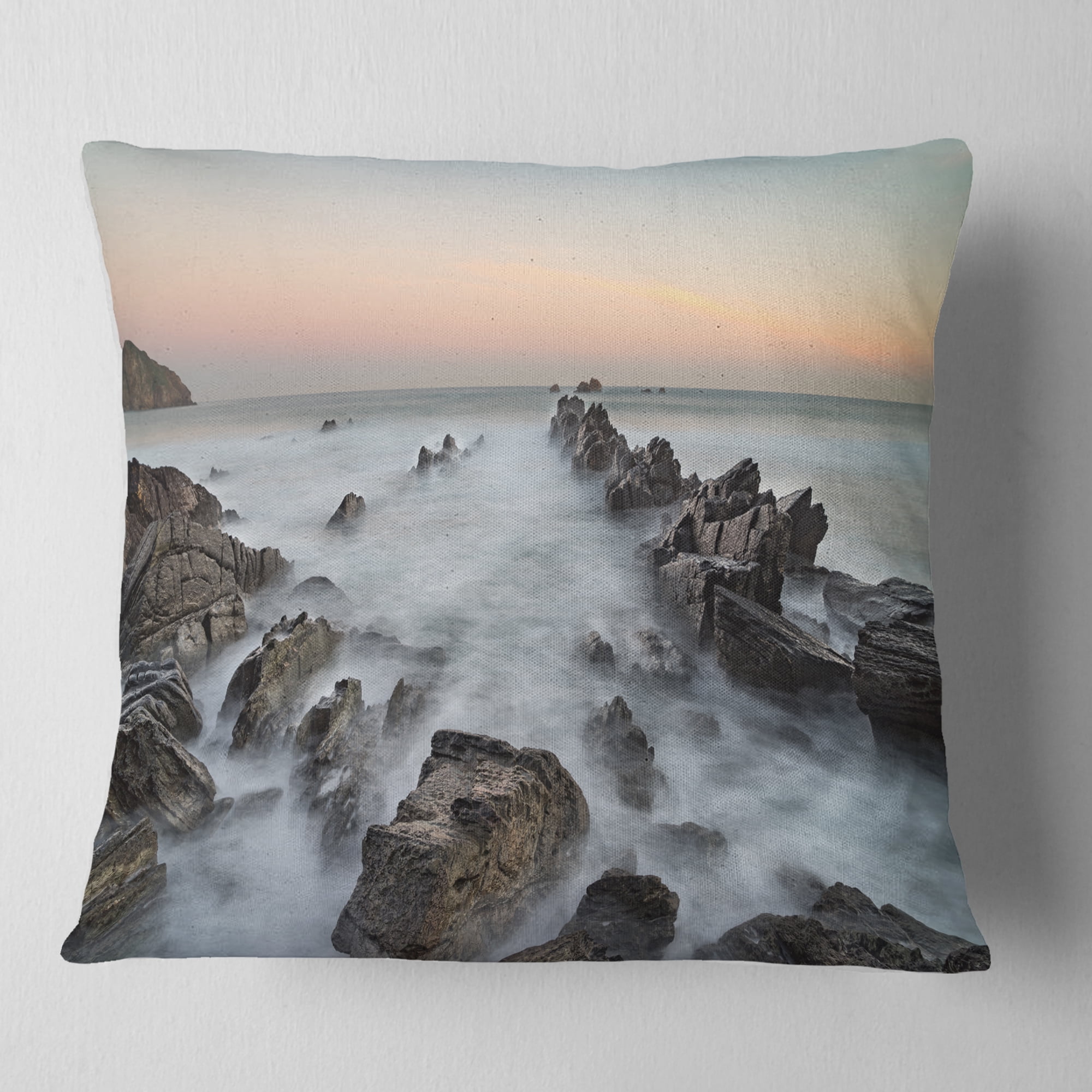 Designart Rocky Beach with White Waters - Modern Seashore Throw Pillow - 18x18