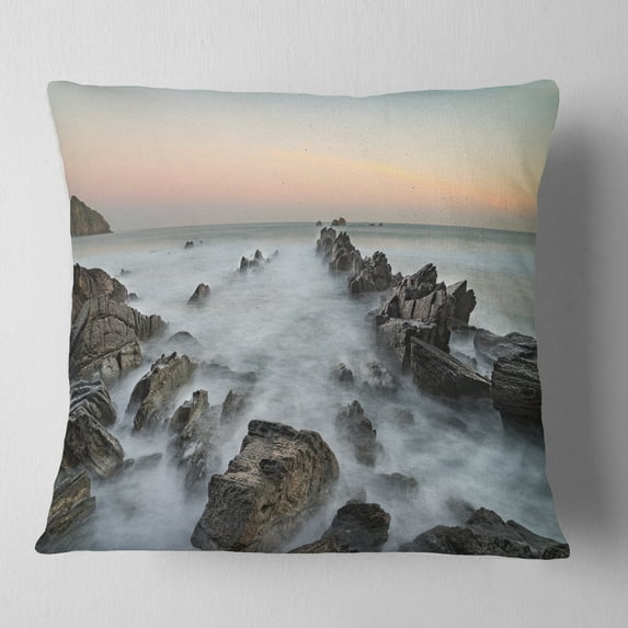 Designart Rocky Beach with White Waters - Modern Seashore Throw Pillow - 18x18