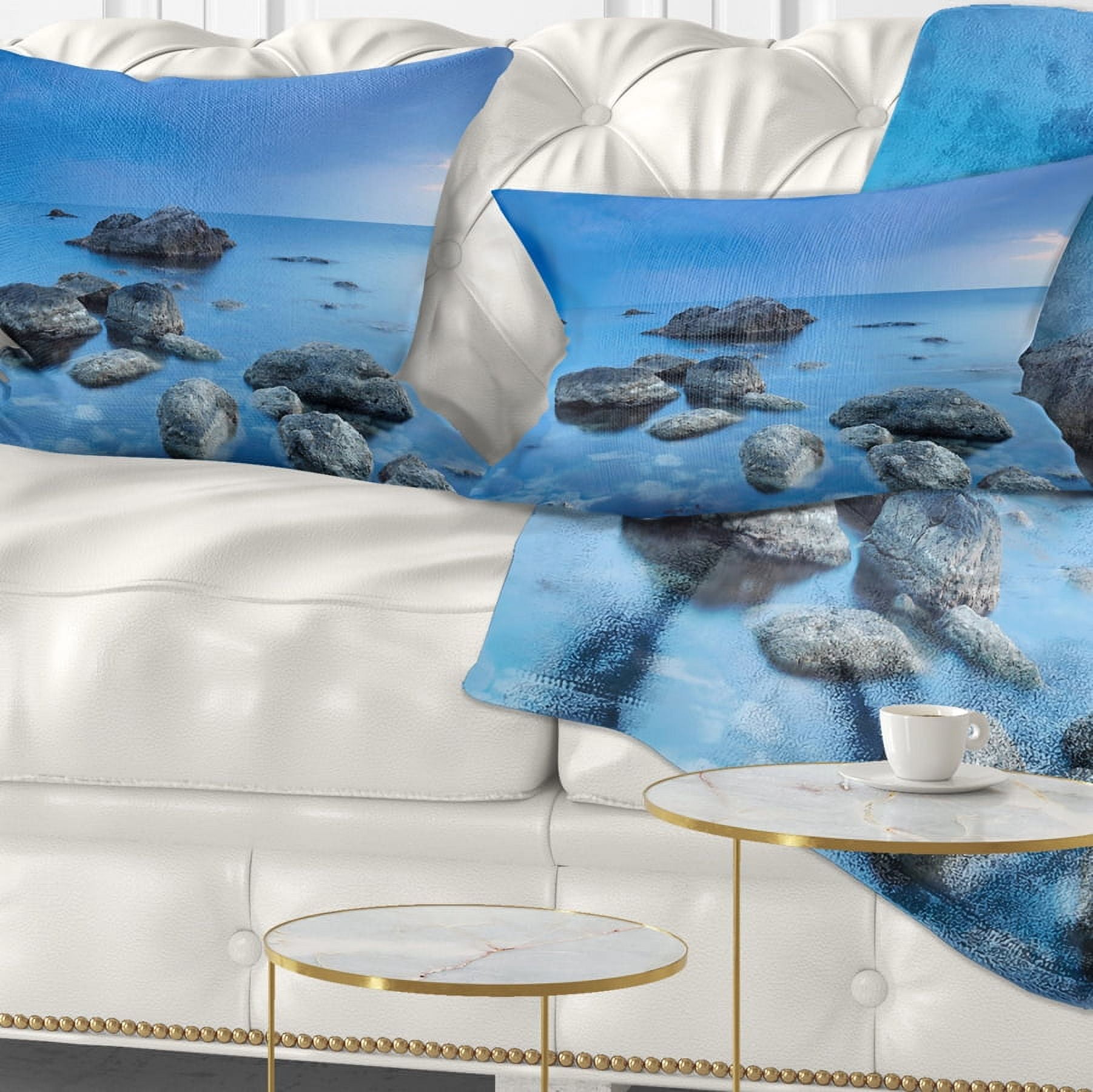 Designart Rocky Blue Sea - Seascape Photography Throw Pillow - 12x20