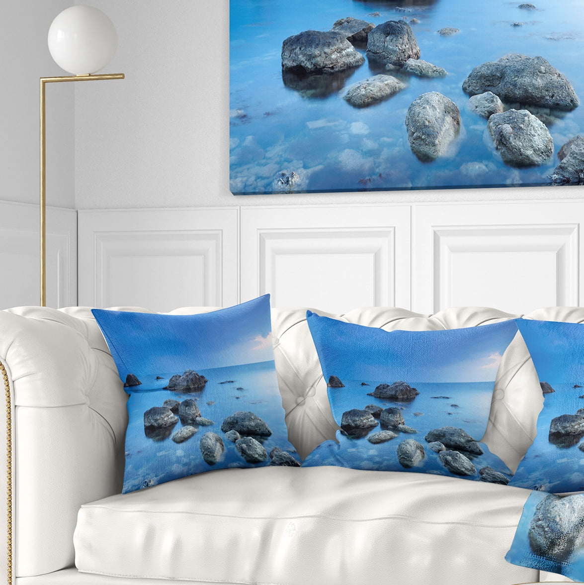 Designart Rocky Blue Sea - Seascape Photography Throw Pillow - 16x16