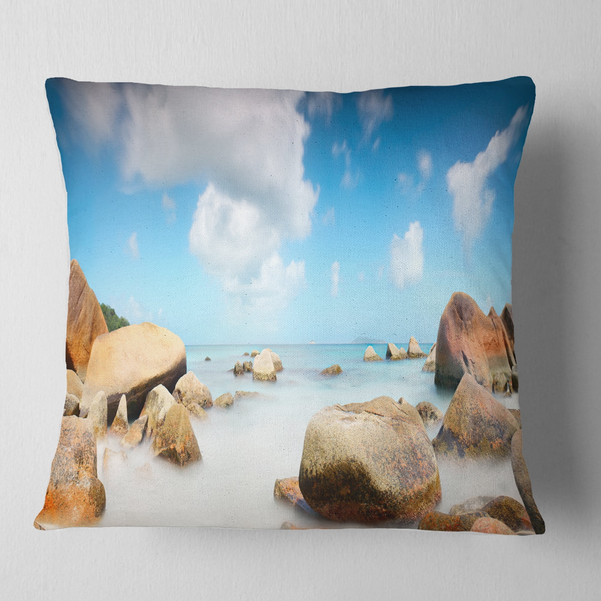 Designart Rocky Blue Seashore Panorama - Landscape Printed Throw Pillow - 16x16