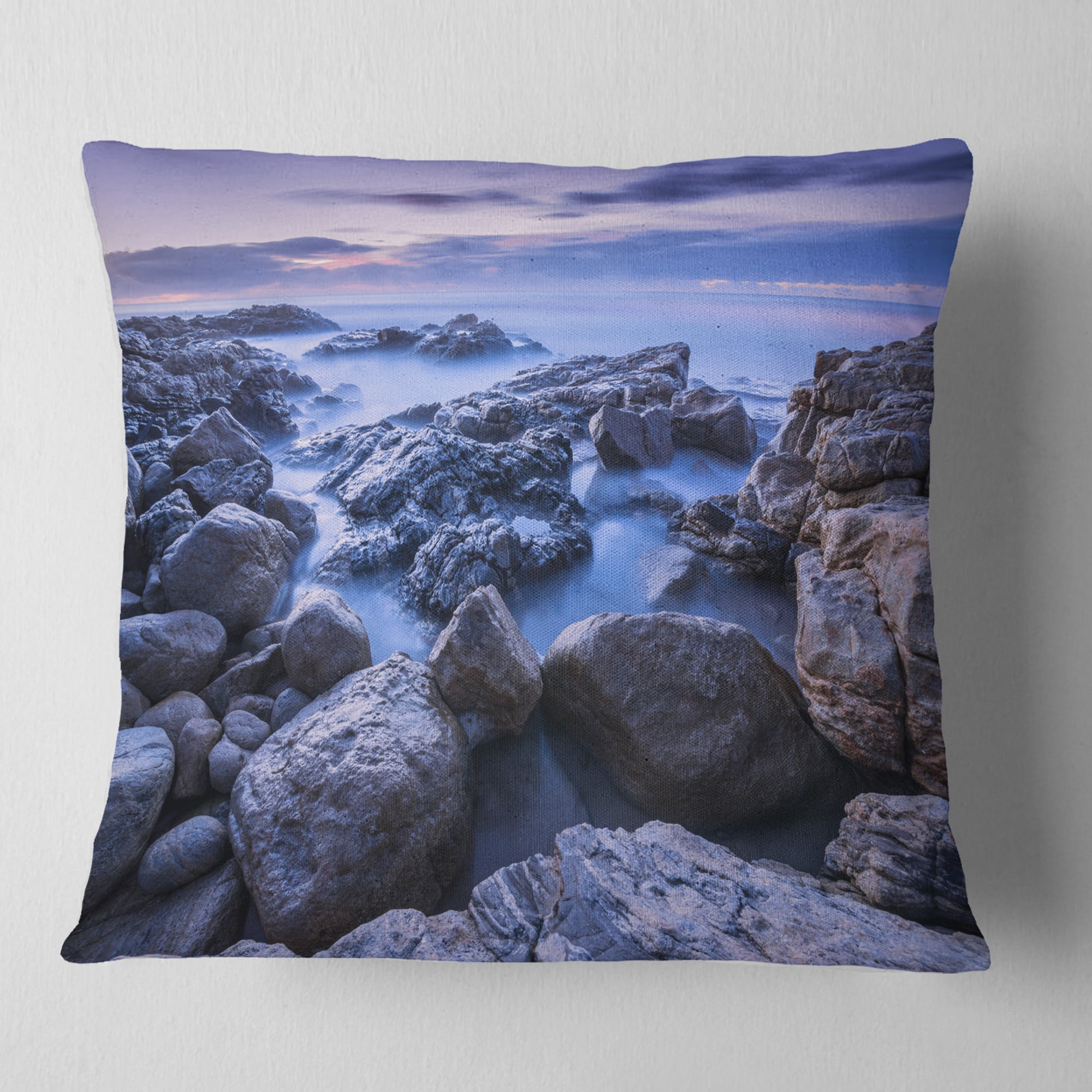 Designart Rocky Blue Seashore in Morning - Modern Seascape Throw Pillow - 18x18