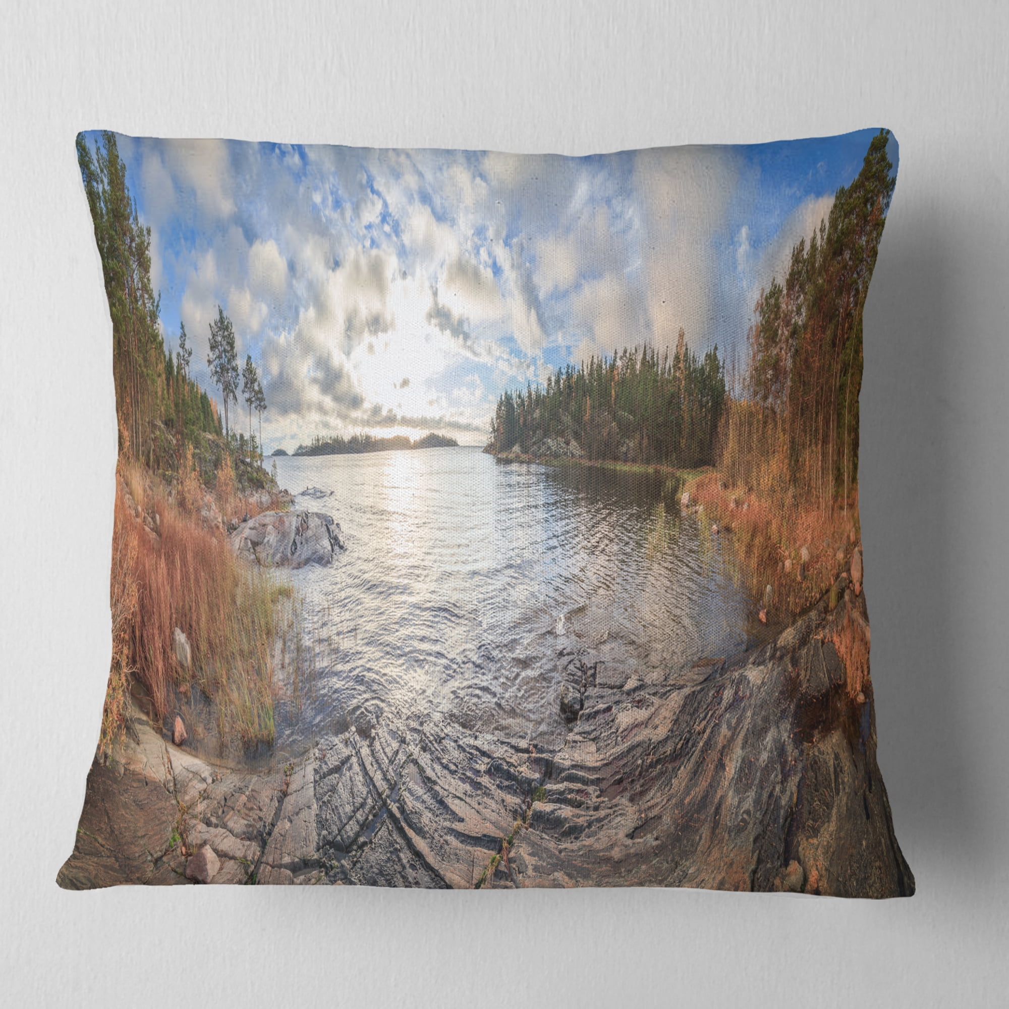 Designart Rocky Coast of Autumn Lake - Seashore Throw Pillow - 18x18