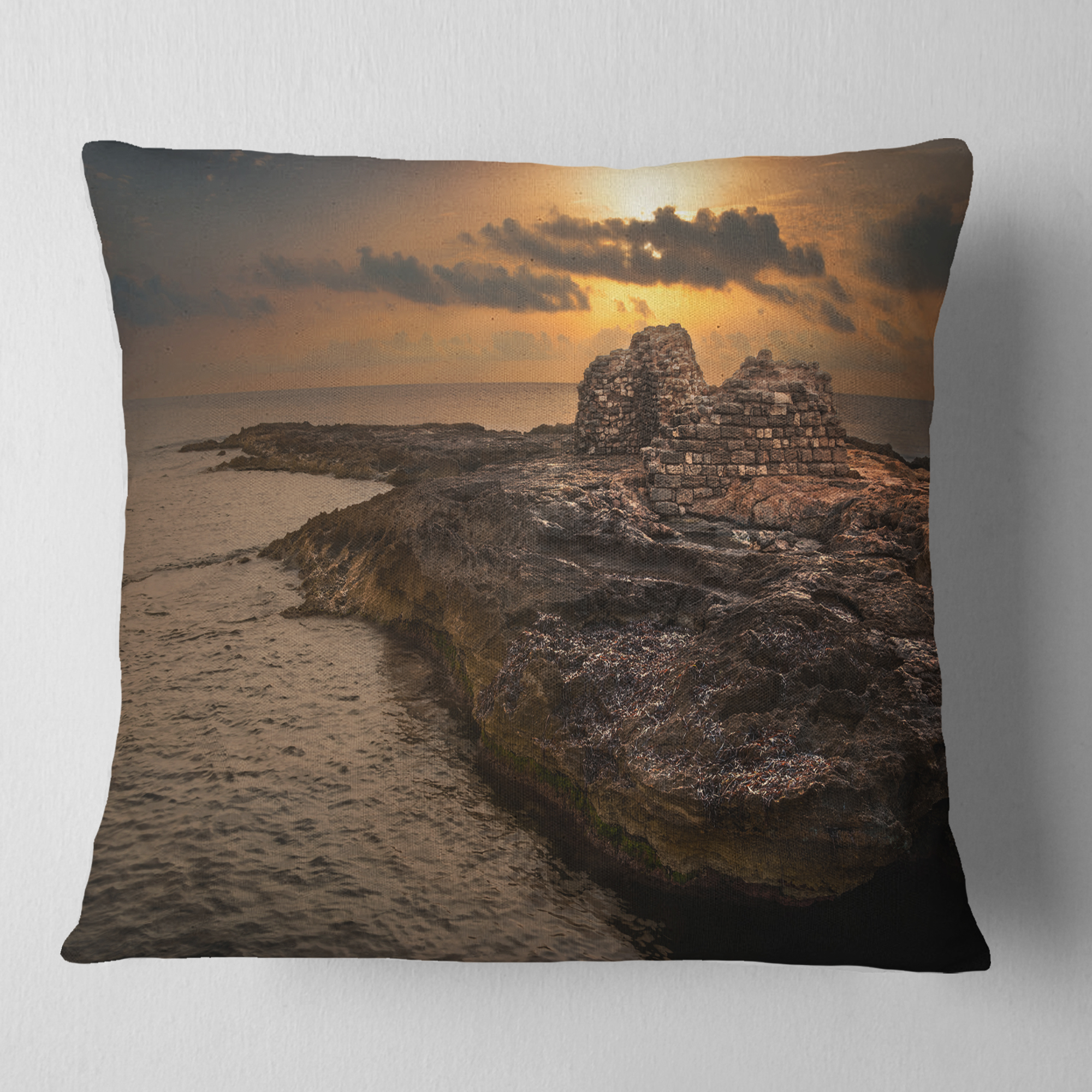 Designart Rocky Coast with Ancient Ruins - Oversized Beach Throw Pillow - 16x16
