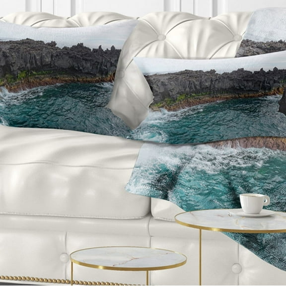 Designart Rocky Coast with Moss in Azores - Seashore Throw Pillow - 12x20