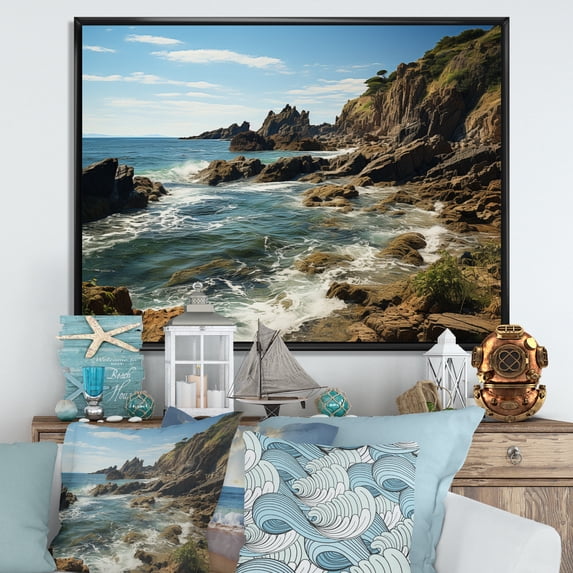 Designart "Rocky Coastline Rocky Beach painting I" Nautical & Beach Floater Framed Canvas Art Print