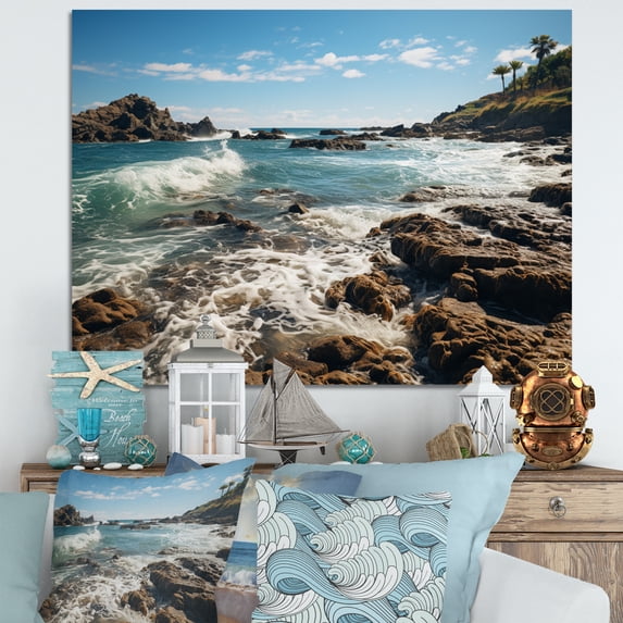 Designart "Rocky Coastline Rocky Beach painting IV" Nautical & Beach Canvas Wall Art