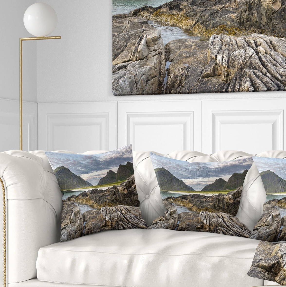 Designart Rocky Coastline on Lofoten - Landscape Photography Throw Pillow - 18x18