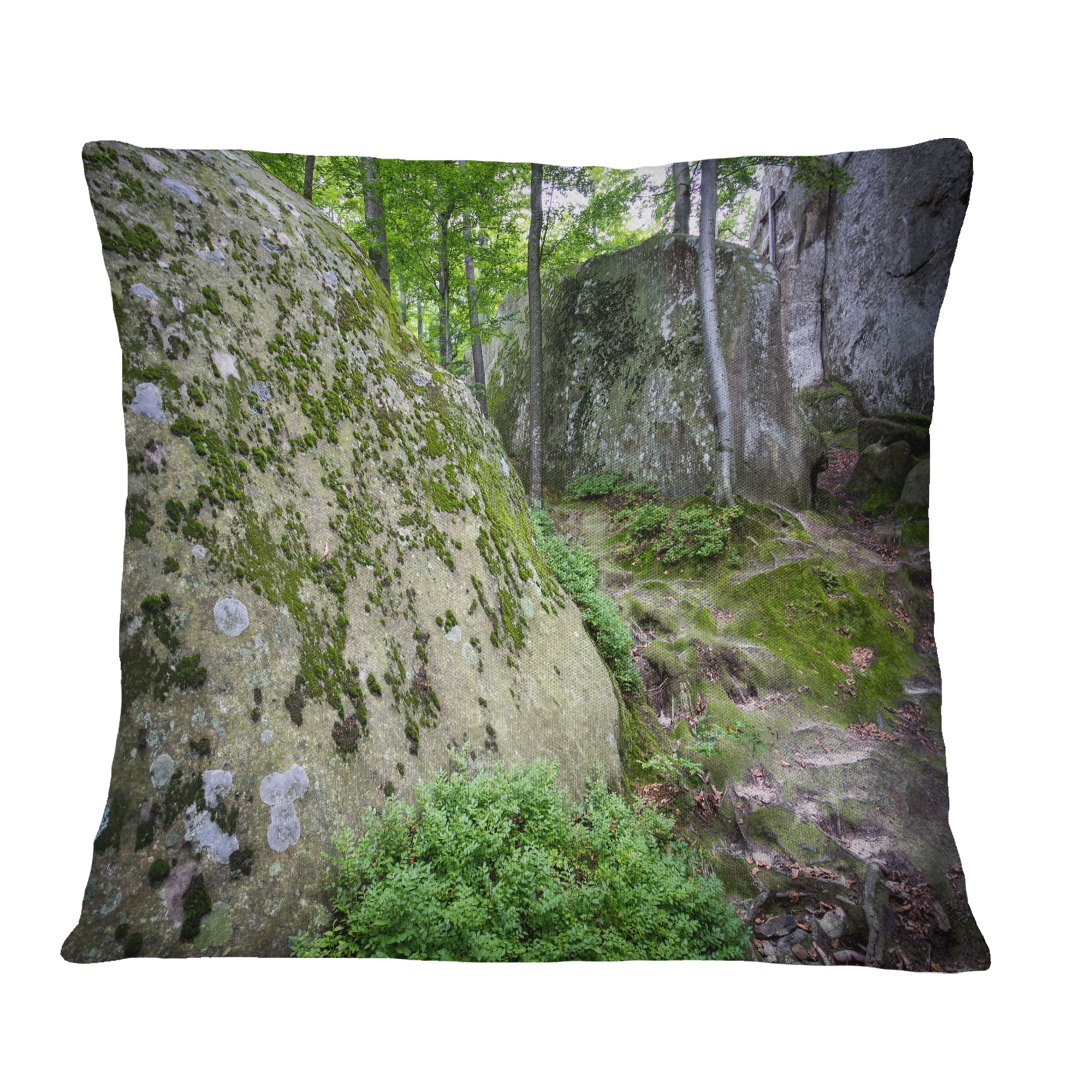 Designart Rocky Deep Moss Forest Ukraine - Landscape Printed Throw Pillow - 18x18