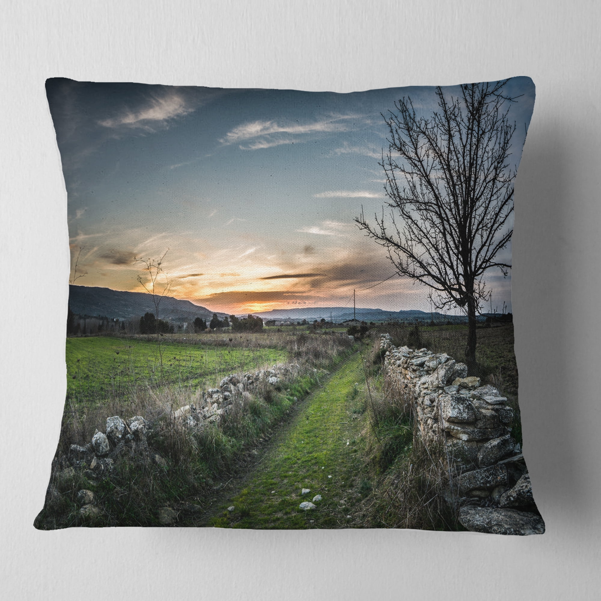 Designart Rocky Fences in Green Grassland - Landscape Printed Throw Pillow - 16x16