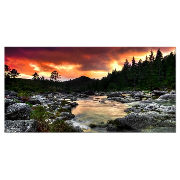 Designart 'Rocky Mountain River at Sunset ' Extra Large Wall Art Landscape