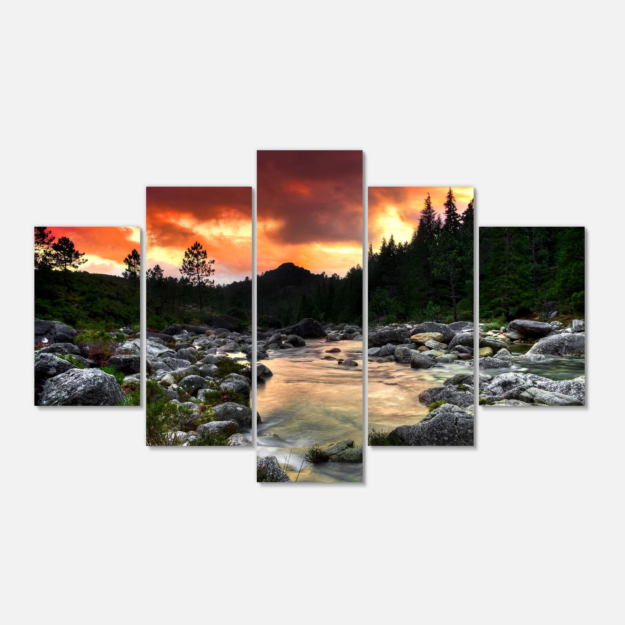 Designart 'Rocky Mountain River at Sunset ' Extra Large Wall Art Landscape