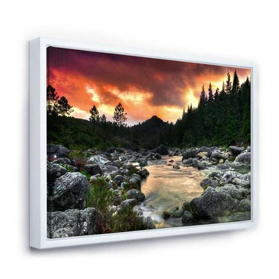 Designart ' Rocky Mountain River at Sunset ' Landscape Framed Canvas Art