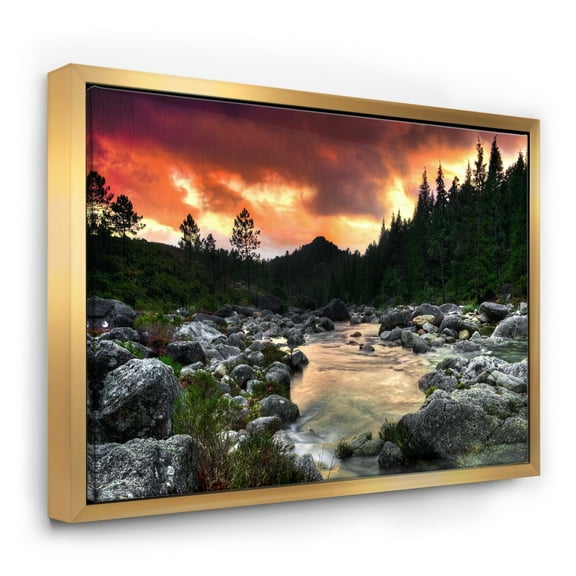 Designart ' Rocky Mountain River at Sunset ' Landscape Framed Canvas Art