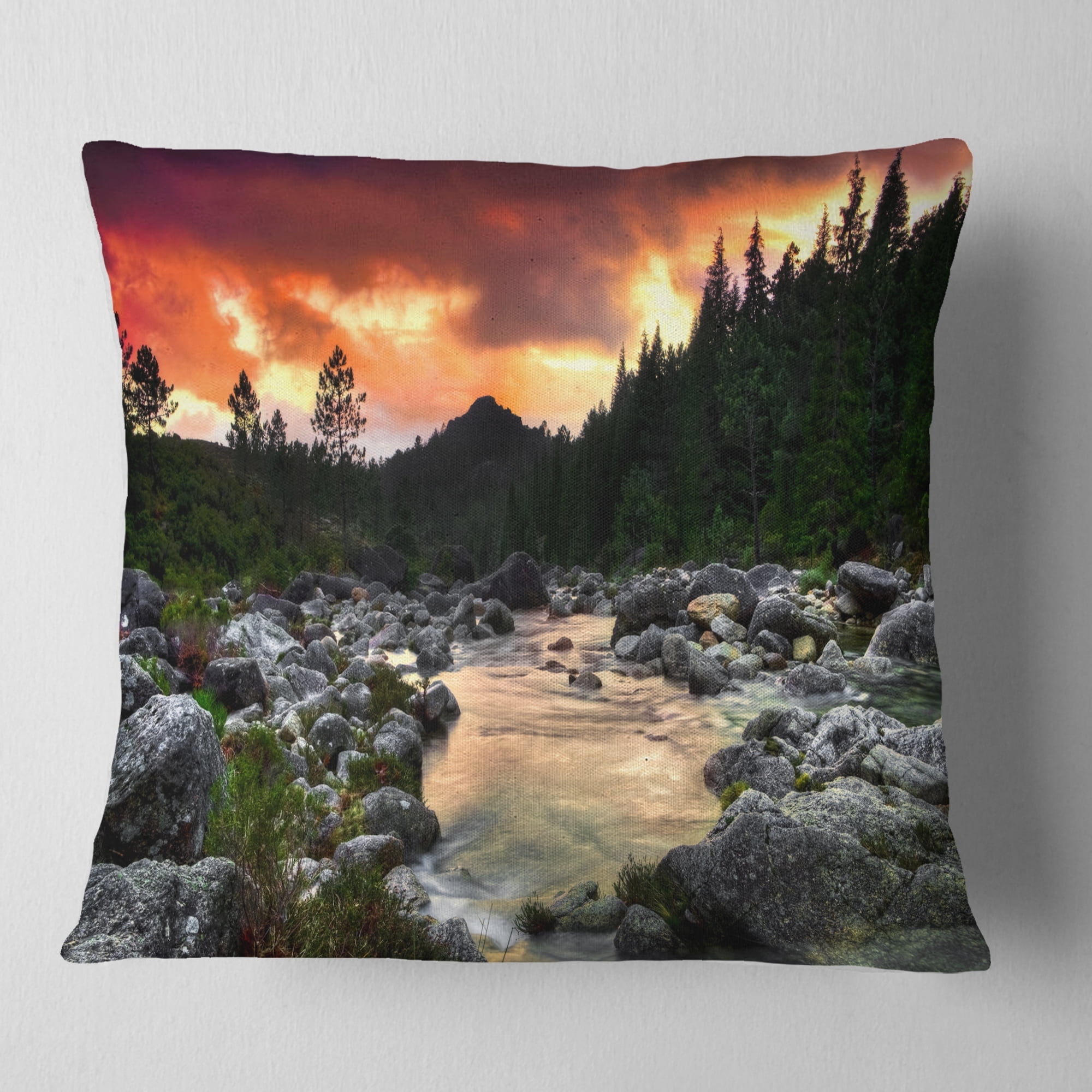 Designart Rocky Mountain River at Sunset - Landscape Printed Throw Pillow - 18x18