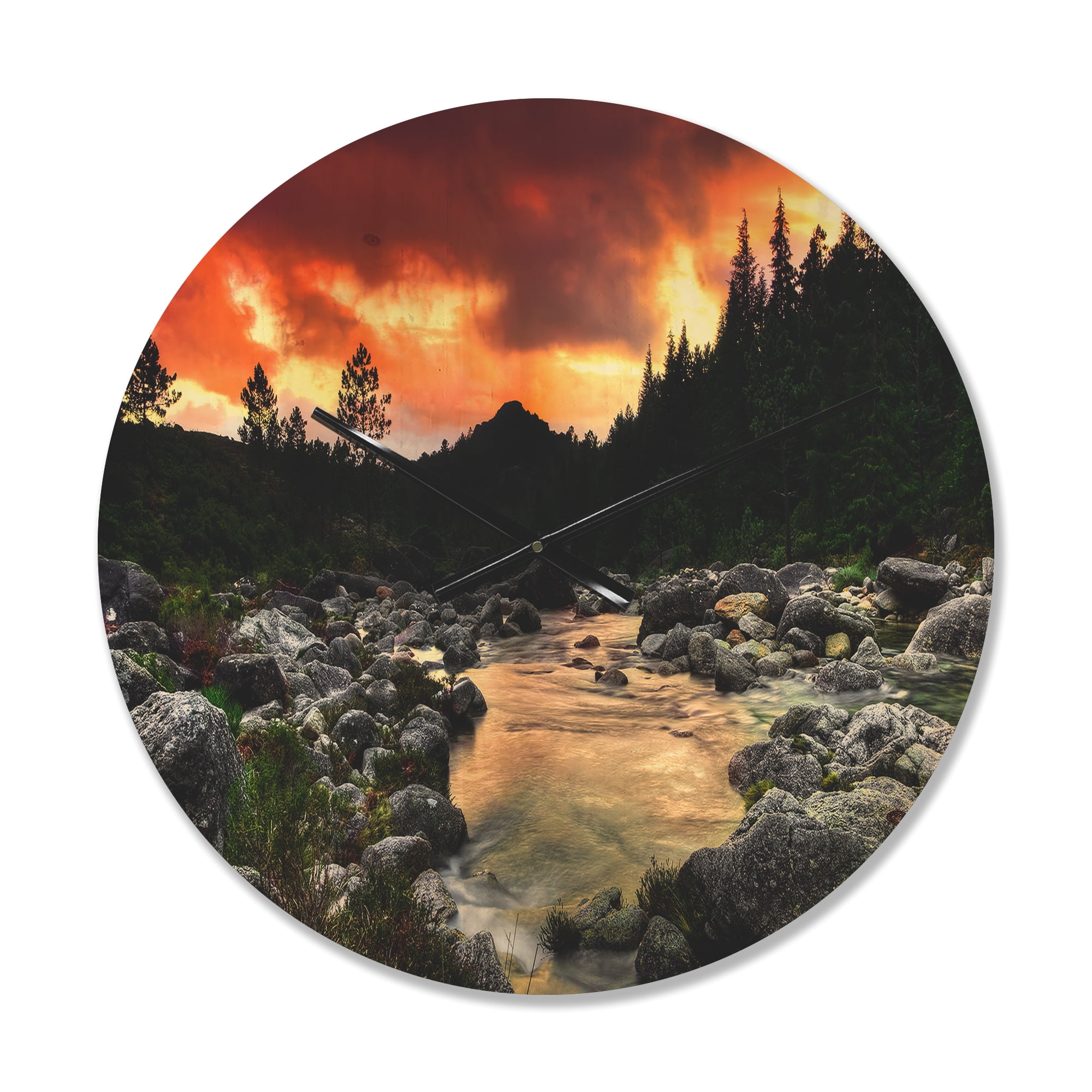 Designart 'Rocky Mountain River at Sunset Light' Modern Wood Wall Clock