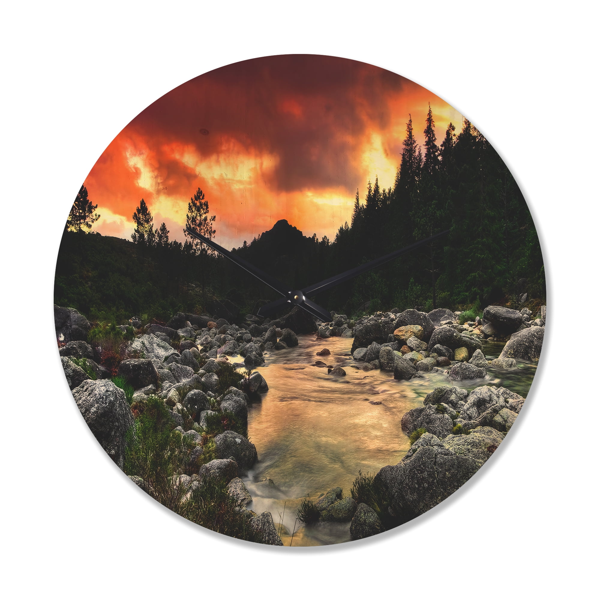 Designart 'Rocky Mountain River at Sunset Light' Modern Wood Wall Clock