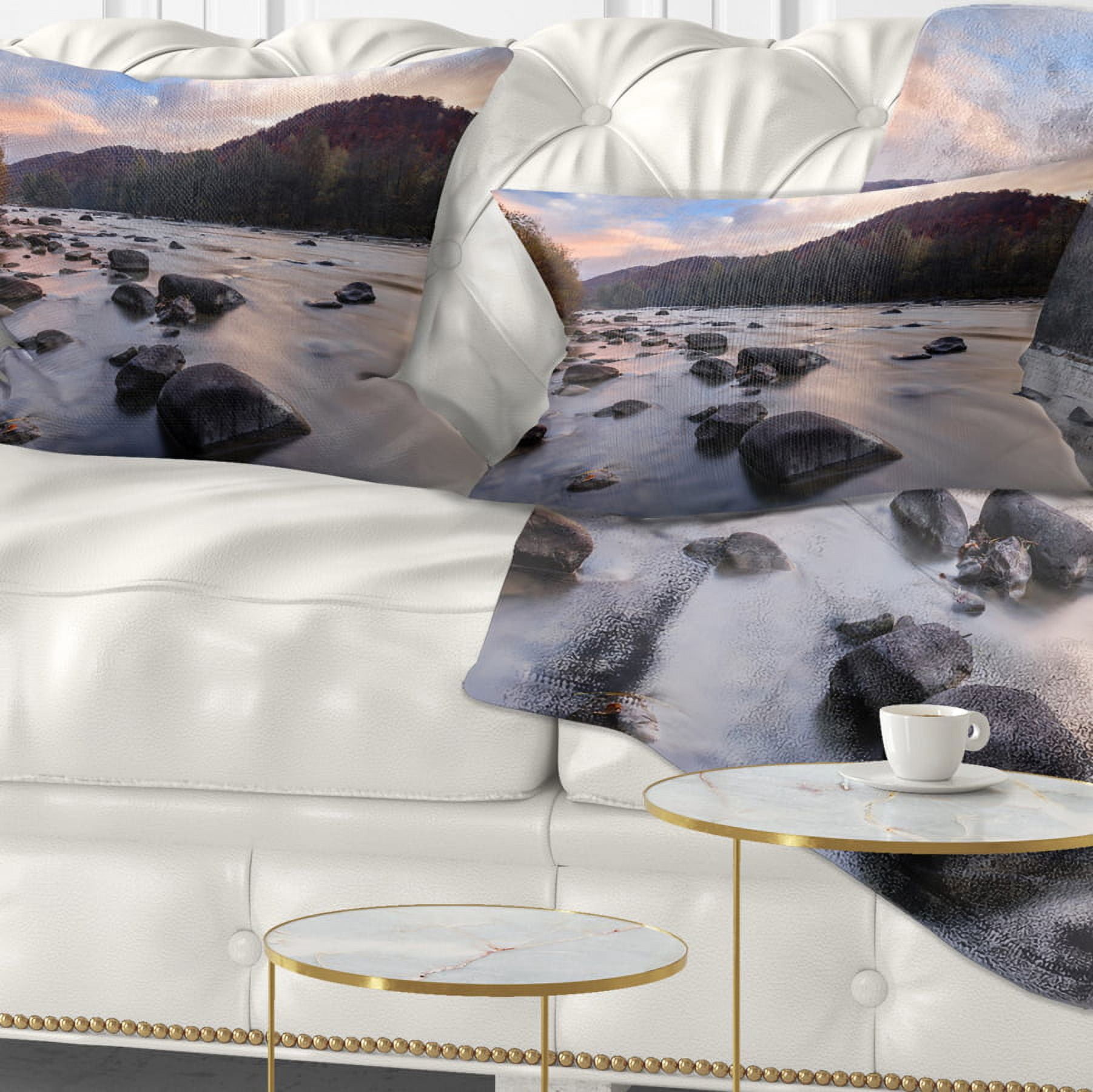 Designart Rocky Mountain River in Autumn - Seashore Wall Throw Pillow - 12x20