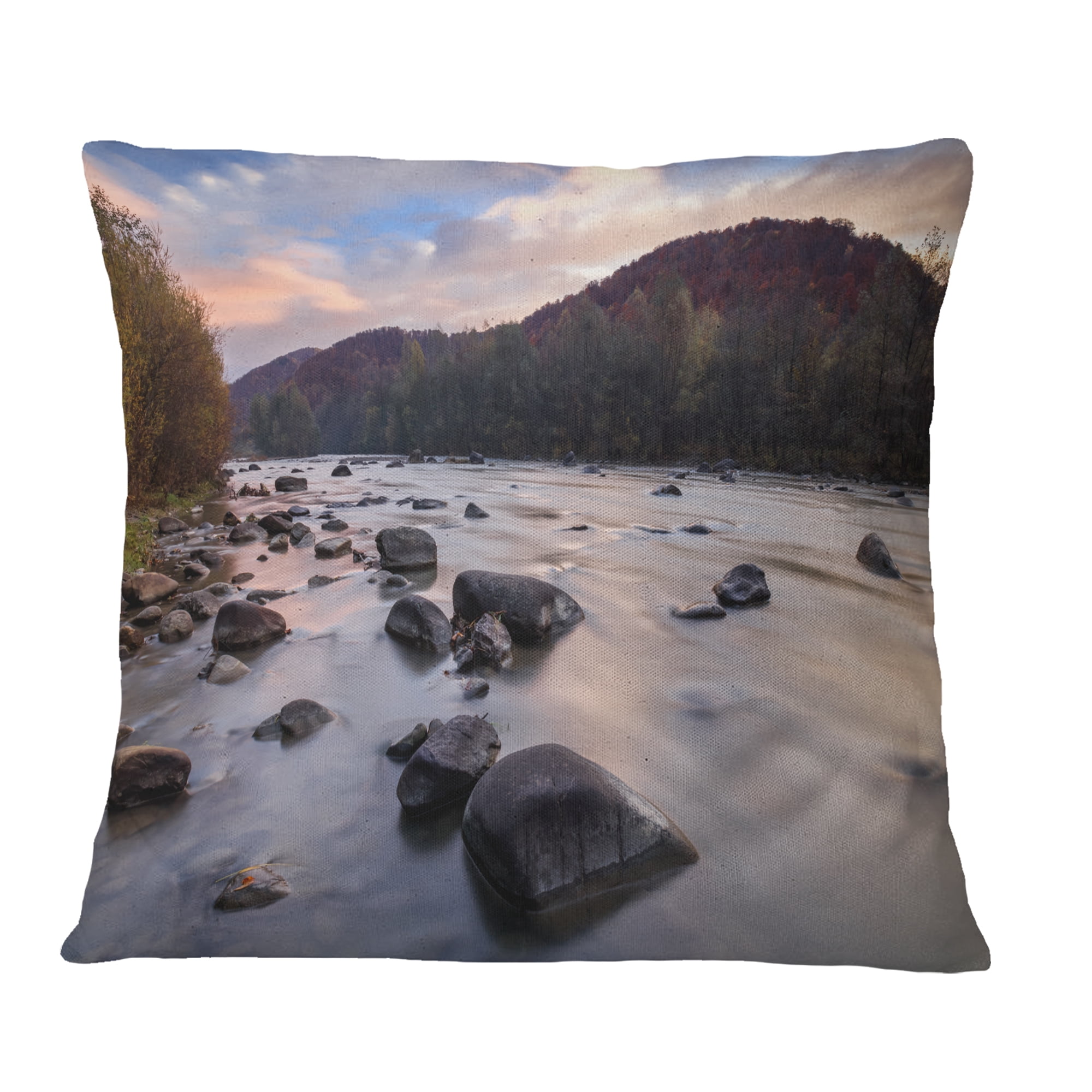 Designart Rocky Mountain River in Autumn - Seashore Wall Throw Pillow - 18x18