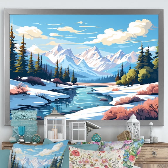 Designart "Rocky River Reflections" Landscapes Framed Wall Art Decor - Country Blue Forest River Mountains Entryway Framed Wall Art Print