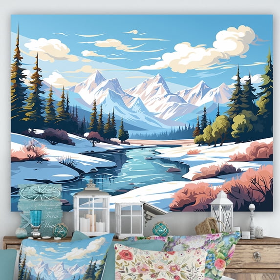 Designart "Rocky River Reflections" Oversized Landscapes Wall Art - Country Blue Forest River Mountains Living Room Canvas Art
