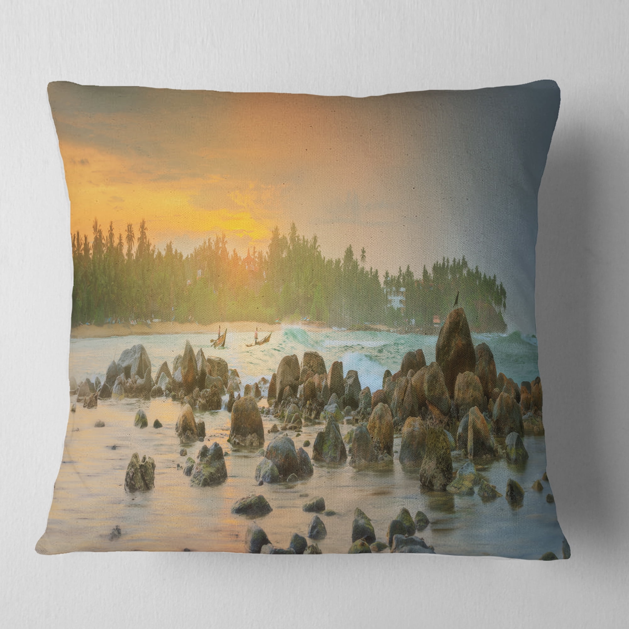 Designart Rocky Romantic Beach of Sri Lanka - Landscape Printed Throw Pillow - 16x16