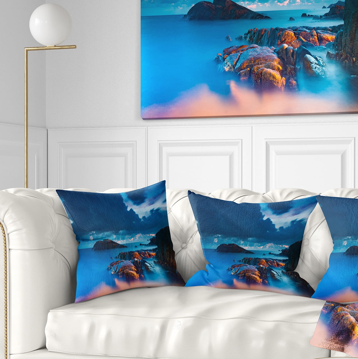 Designart Rocky Sea with Long Exposure - Seashore Photo Throw Pillow - 16x16