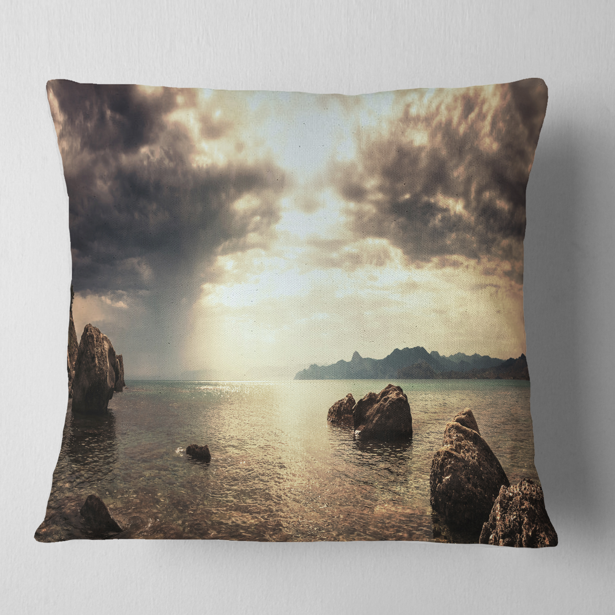 Designart Rocky Seashore under Clouds Panorama - Modern Beach Throw Pillow - 18x18